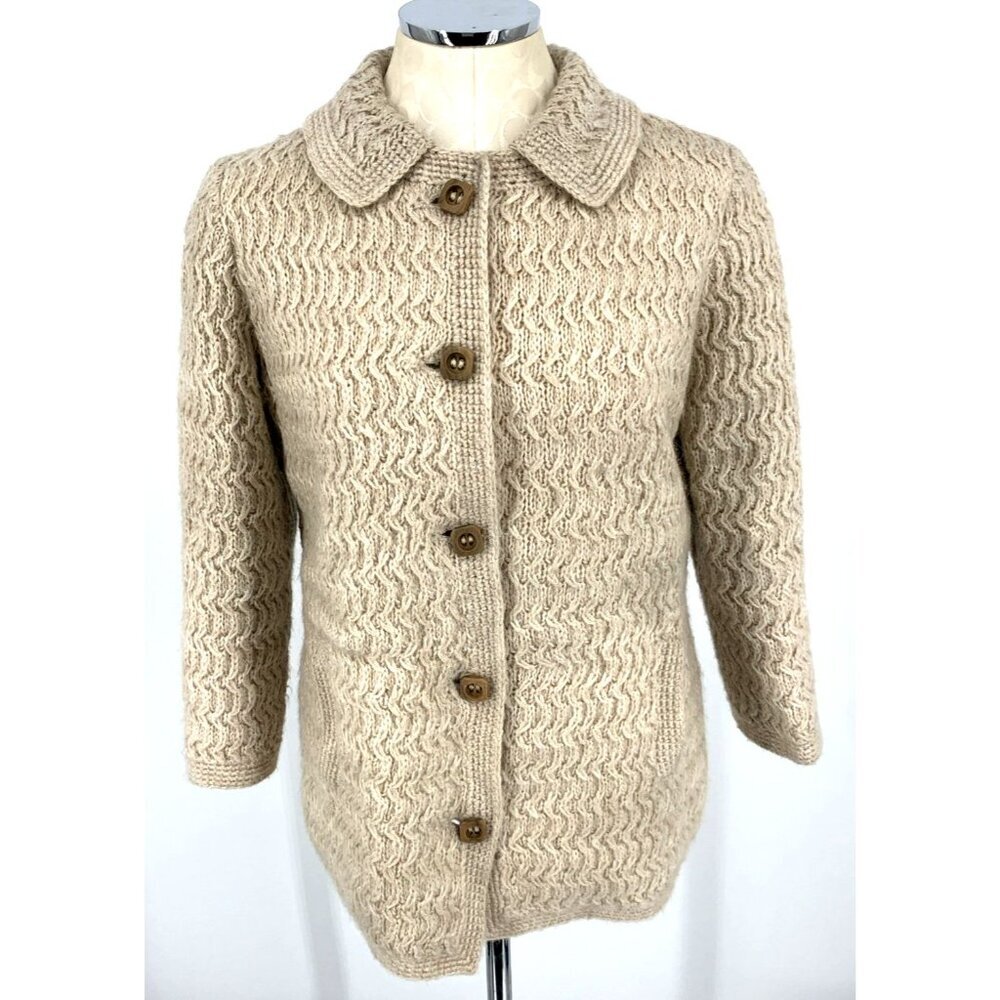 Vintage Cardigan Sweater Sz M Cable Knit Wool Fisherman Handmade Ivory Lined